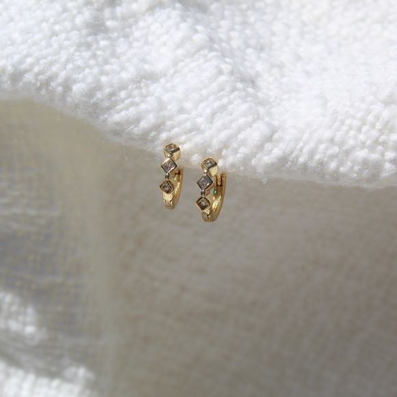 Sterling Silver Gold Huggies with Row of Diamond Shaped Simulated Diamonds - Picture 3 of 10